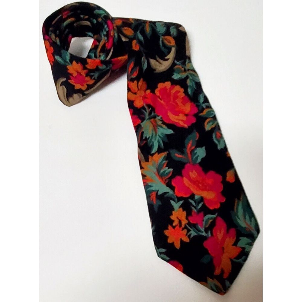 J.A.M. Men's Tie Floral 100% Rayon Deep Rich Black/Fuschia/Orange/Green Flowers